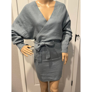 Women's Blashe Mini blouson surplice wrap tie sweater Dress S dusty teal
